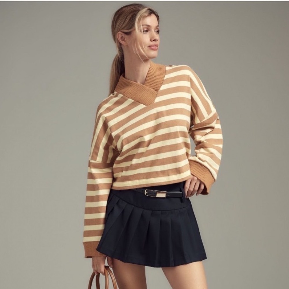 Maeve Anthropologie Cotton Boxy Oversized V-Neck Striped Top Tan Yellow Small